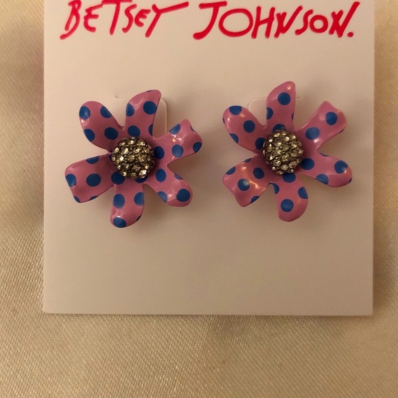 Betsey Johnson Enchanted Garden Pink Flower Stud Earrings Blue Polka Dots NWT - Picture 8 of 11